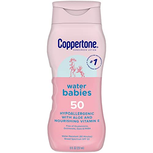 Coppertone WaterBabies Baby Sunscreen Lotion SPF 50, Baby Gifts for New Moms, Hypoallergenic Sunscreen for Babies, Water Resistant, Pediatrician Recommended, 8 Fl Oz Bottle