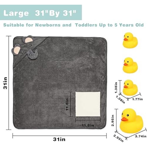 Baby Hooded Bath Towels 2 Pack with 6 Washcloths, 14-Piece Ultra Soft Baby Stuff for Newborn Boys and Girls, Baby Shower Towel Gift for Infant and Toddler (Bear, Elephant) - Grey Elephant + White Bear