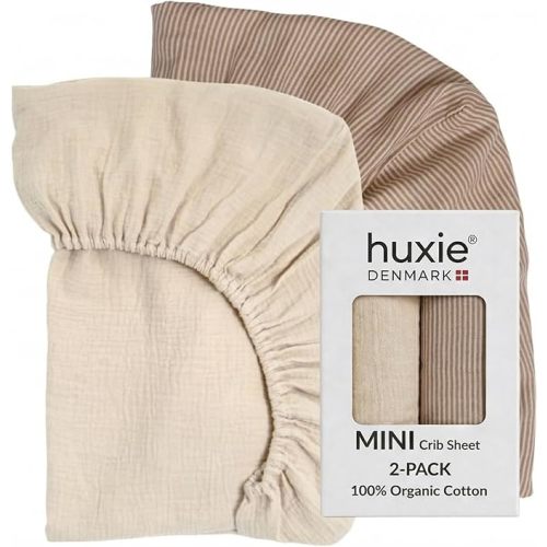 Mini Crib Sheets - Organic Cotton Muslin Fitted MINI Crib Sheet for Pack and Play - Ultra-Soft and Breathable for Boys and Girls (2-Pack Fog/Stripe)