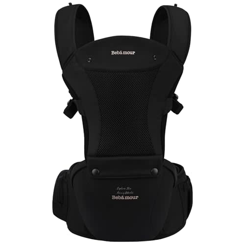 Bebamour Baby Carrier Safety-Certified Hip Seat Baby Carrier Newborn to Toddler Baby Carrier Hipseat 0-36Months with Head Hood, 3 PCS Teething Pads, Waist Extender & Storage Bag, Black