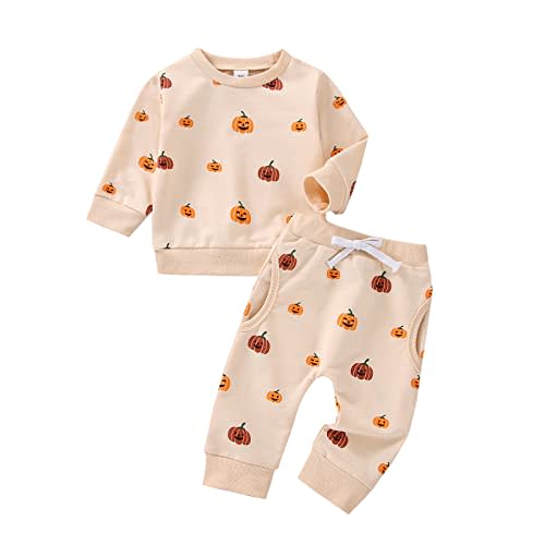 wybzd Toddler Baby Boy Halloween Outfits Cute Pumpkin Sweatshirt Top and Pant Set Infant Long Sleeve Clothes Apricot Pumpkin