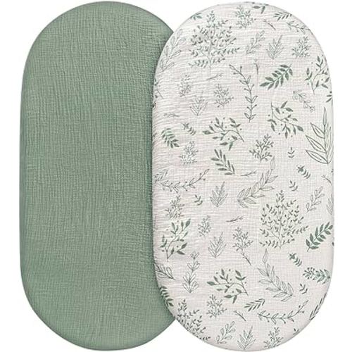 Muslin Bassinet Fitted Sheets, 2 Pack for Baby Boy and Girl, Soft Breathable Stretchy Baby Pad/Mattress Sheet Set, Universal Fit for Hourglass Oval and Rectangle Bassinet Mattress (Natural Leaves)