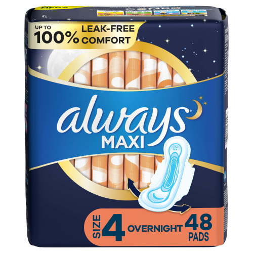 Always Maxi Overnight Pads with Wings, Size 4, Overnight, Unscented, 48 Ct