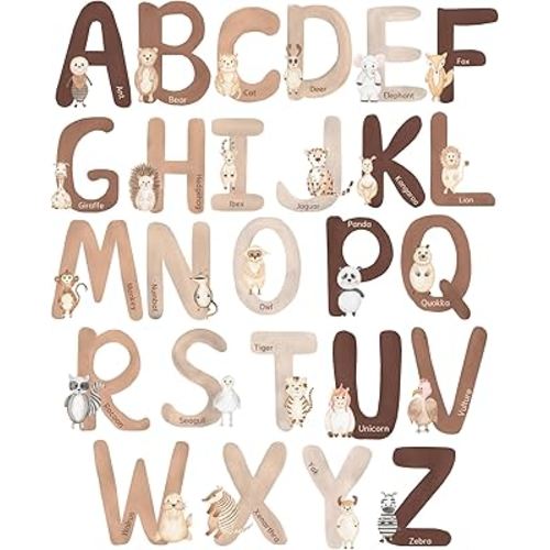Extra Large 6 Inch Neutral Animal Alphabet Wall Decals - 26 English ABC Wall Stickers for Kids with Cute Watercolor Animals