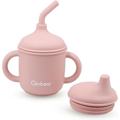 Ginbear 2-in-1 Sip-N-Straw Baby Cup, Spill Proof Non-toxic BPA Free Food Grade Silicone Training Transition Sippy Cup for Toddler 6 Months+ (Pink)