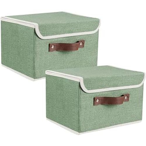 Storage Bins Boxes with Lids 2 Pack Decorative Storage Boxes Collapsible Fabric Storage Basket Containers Lidded Storage Cube for Organizing Closet Home Office, 15"x 10"x 10" (Green)