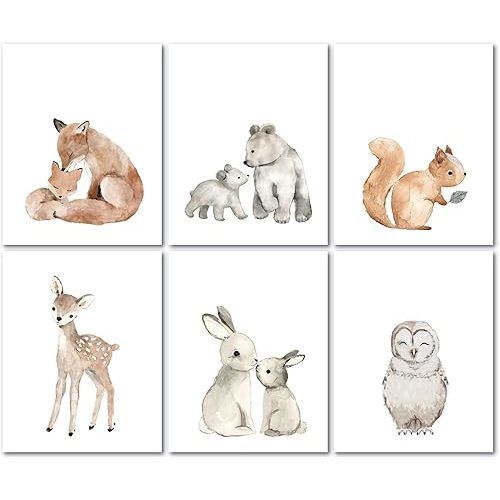Lambs & Ivy Watercolor Woodland Animals 6-Piece Unframed Nursery Wall Art Decor
