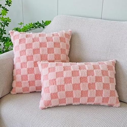 Pack of 2 Faux Fur Plush Decorative Throw Pillow Covers 18x18 Square Checkered Soft Faux Fur Pillow Covers for Couch Christmas Pink x2