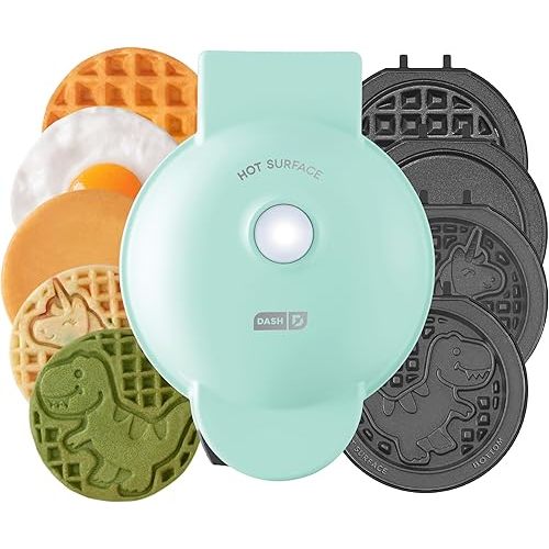 DASH Multimaker Mini System - Waffle Maker with Six 4” Removable Plates: Waffle Iron & Griddle, 4-in-1 Mini Waffle Maker for Kids and Families – Nonstick Surface, Just Add Batter (Aqua)