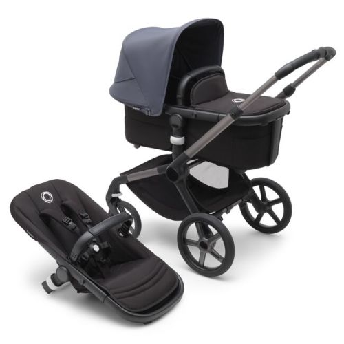 Bugaboo Fox 5 bassinet and seat stroller black base, midnight black fabrics, Stormy Blue sun canopy