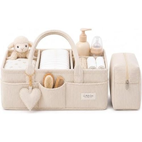 Baby Diaper Caddy Organizer w Handles, Soft Corduroy Nursery Storage Basket, Portable Diaper Organizer Bin for Wipes, Newborn Baby Essentials, Baby Shower and Registry Gift (Ivory)