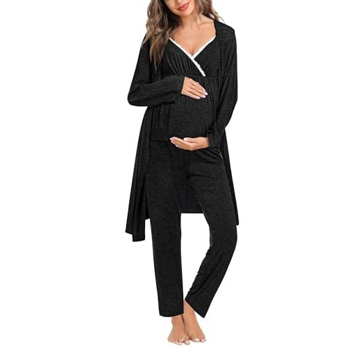 SWOMOG Maternity Nursing Robe Set 3 Piece Breastfeeding Pajamas 3 in 1 Labor Delivery Sleevless Tops&Long Pants Pregnancy Pjs