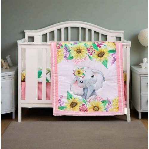 Animals 3pcs Baby Crib Bedding Set (Quilt, Fitted Crib Sheet, Crib Skirt) Pink Nursery Bedding Set for Girls Crib Bedding Sets for Girls (Elephant)