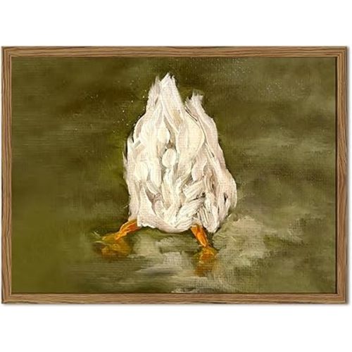 Cute Duck Wall Art Funny Goose Butt Wall Decor Painting, Vintage Cottagecore Silly Animal Poster Canvas Print Picture for Bedroom Living Room 12x16 inch Wood Framed