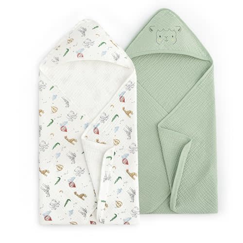 david's kids 2 Pack Hooded Baby Towels, Large 32"x32", 6 Layer 100% Muslin Cotton Highly Absorbent Boy Girl Bath Towel for Newborn, Infant, Toddler, Ultra Soft and Breathable Baby Essentials, Animals