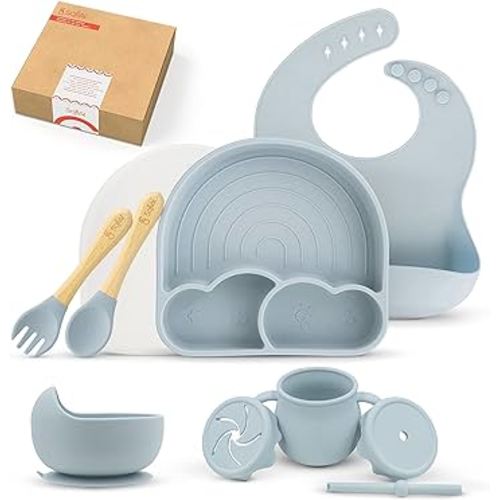 Baby Led Weaning Supplies, Silicone Baby Feeding Set, First Stage Baby Eating Set, Suction Bowl Divided Plate Bib Spoon Fork Straw Sippy Cup, Toddler Self Feeding Utensils, Dish Set 6-12 Months