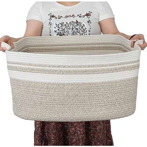 Large Rectangle Blankets Basket Living Room 22"x17"x12" Woven Cotton Rope Storage Basket for Nursery Toy Basket for Kids Wicker Laundry Basket Bin for Clothes Towels white brown