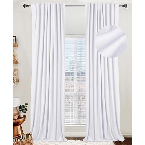 100% Blackout Shield Linen Blackout Curtains for Bedroom 84 Inches Long, Back Tab/Rod Pocket Living Room Drapes, Thermal Insulated Blackout Curtains 2 Panels Set, 50" W x 84" L, Bright White