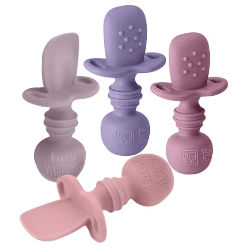 LittleWhispers Baby Silicone Spoons - Self Feeding 6 Months - Infant, Toddler, & Kid Friendly Utensils - First Stage, Baby Led Weaning - 4 Pack Utensil Set (Soft Pinks)