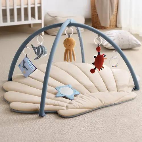 Blissful Diary Shell Baby Play Gym Mat, Softer & Enlarged Tummy Time Mat w 6 Detachable Toys for Sensory & Motor Skill Development, Activity Mat for Newborn Essentials Shower Gift, Boho Ocean Theme