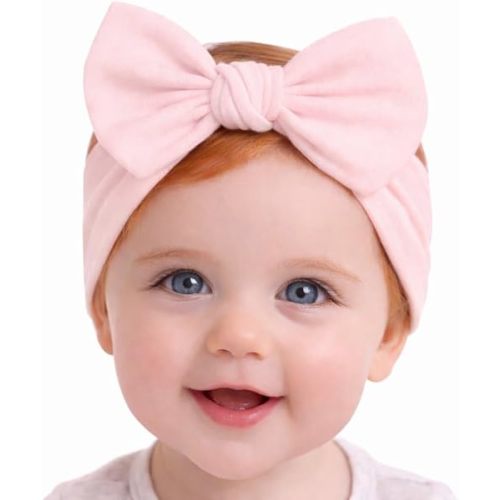 BABYGIZ Baby Girl Headbands 0–6 Months – Newborn Infant Soft Cotton Handmade Bow Headband, Stretchy No Mark Baby Hair Accessories (Powder Pink, 0-6 Month)