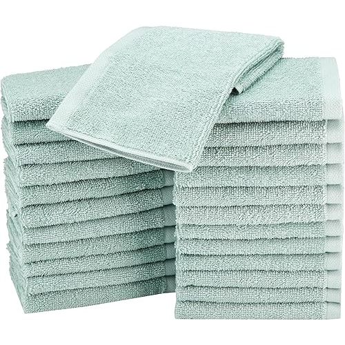 Amazon Basics Washcloth for bathroom, 100% Cotton Extra Absorbent , Fast Drying - salon towels - 24-Pack Seafoam Green, 12 x 12 inches