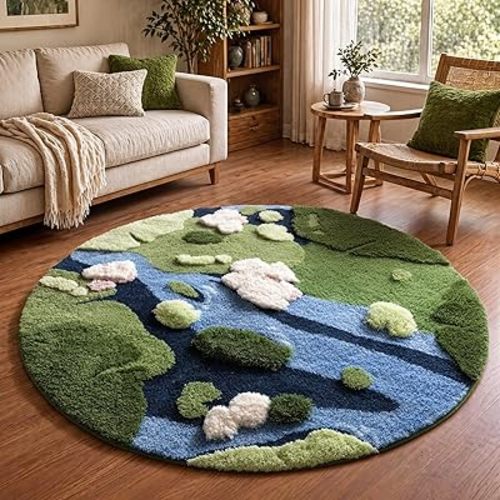 YIHOUSE 5ft Moss Round Area Rug 3D Cute Green Grass Rugs for Bedroom Machine Washable Non-Slip Boho Circle Rug Soft Fluffy Carpet for Living Room Bathroom Nursery Room, Pond