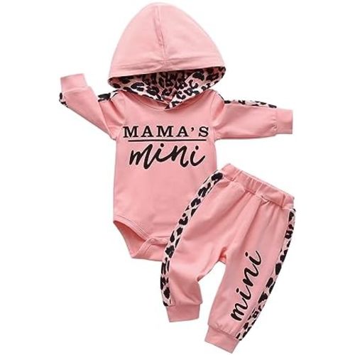 Infant Baby Girl Clothes Long Sleeve Letter Printed Hoodies Romper Tops and Leopard Pants Outfits Set