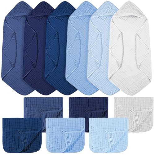 VitalCozy 12 Pcs Baby Muslin Hooded Bath Towels and Washcloths, Muslin Hooded Baby Towels Absorbent Blankets for Gift Newborn Infant Shower (Blue Style)