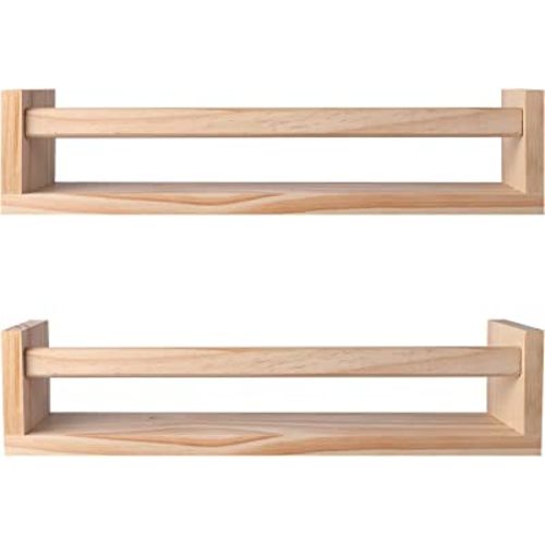 Nursery Shelves, Naturel Wood Floating Wall Bookshelf for Kids, Bathroom Decor, Kitchen Spice Rack (Burlywood), Set of 2
