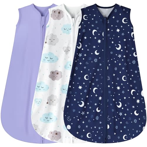 BSTOPPT 3 Pack Baby Sleep Sack 0-6 Months 100% Rayon Cotton Baby Sleeping Bag 2-Way Zipper Toddler Wearable Blankets Comfy Stretchy Lightweight TOG 0.3 (Purple&Clouds&Starry Sky)