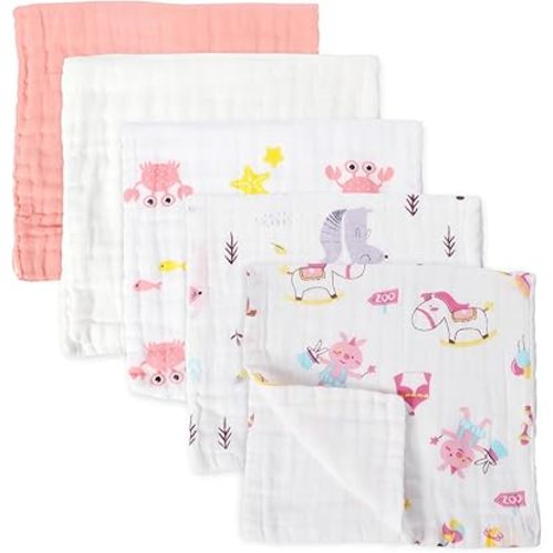 5 Pcs Muslin Baby Burp Cloths, Large 20"x10" Cotton Burping Cloth Extra Soft and Absorbent Baby Burp Rags for Newborn Unisex Baby Girls and Boys (Pink)