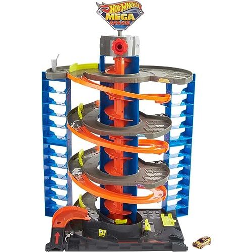 Hot Wheels City Mega Garage Playset with Corkscrew Elevator & Storage for 60+ Cars, Includes 1 Hot Wheels 1:64 Scale Vehicle, Gift for Kids 4 Years Old & Up, HFH03