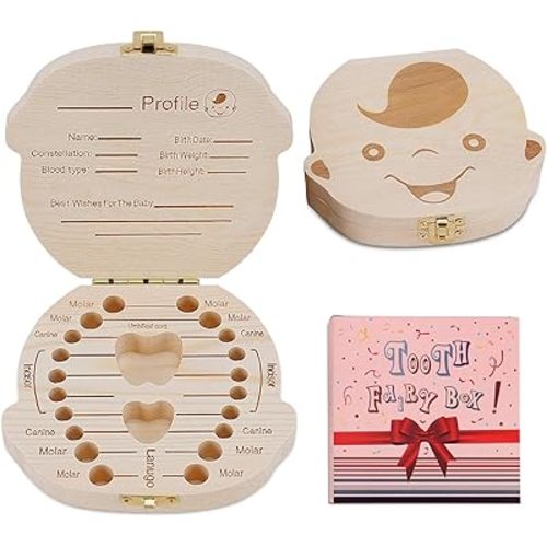 Baby Tooth Box by NASHRIO - Wooden Kids Keepsake Organizer Gift for Baby Teeth, Cute Children Tooth Container with Tweezers to Keep the Childwood Memory (Boy)