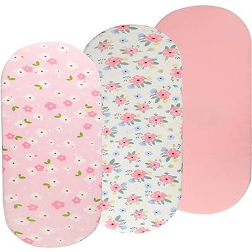 Bassinet Sheets Set 3 Pack for Baby Girl, Stretchy Soft Jersey Knitted Fitted Sheet Universal for Oval Rectangle and Hourglass Bassinet Mattress, Pink Floral