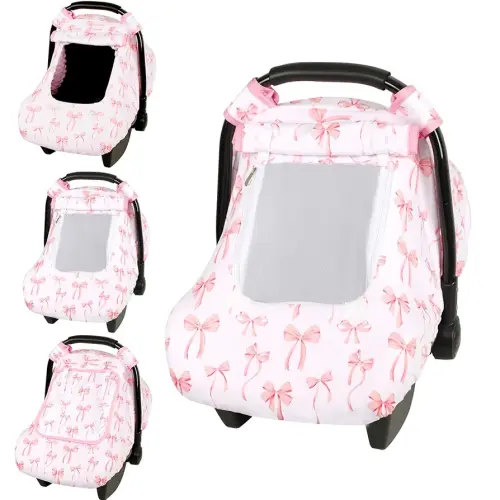 Baby Car Seat Cover, Windproof Carseat Cover for Infant Girls, Infant Warm Carseat Canopy with Double Layer Fabric for Winter, Compatible with Most Baby Car Seat, Bow