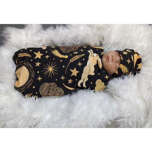 Witchy Rabbit Baby Wrap, Harvest Moon Hares Swaddle + Hat or Band, Celestial Moon & Stars Nursery, Boho Moon Bunny