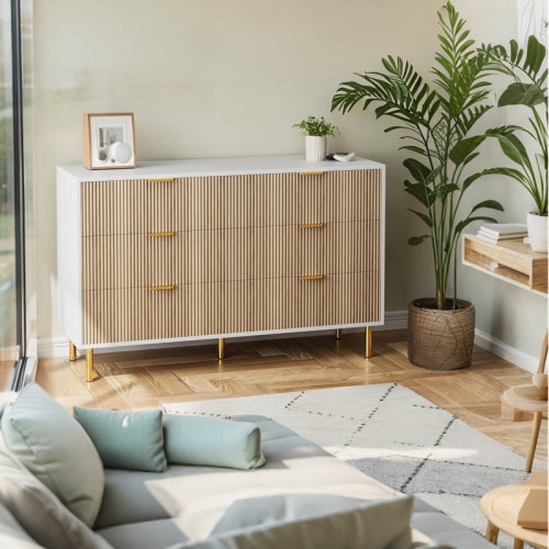 Ebern Designs Modern 6 Drawer Dresser, Natural Wood Chest, Gold Handles, Large Storage for Bedroom, Hallway | Wayfair