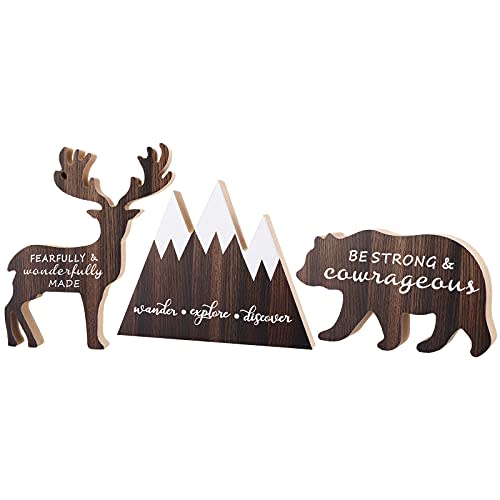 Jetec 3 Sets Wooden Mountain Decor Woodland Inspirational Quote Wood Sign Wander Explore Discover Neutral Nursery Table Decoration Centerpiece Wooden Mountain Deer Bear Decor for Room