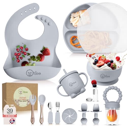 O'doe 17-Piece BPA-Free Silicone Baby Feeding Set | Thick & Soft Suction Plates, Baby Bowls, Wooden Fork & Spoon, and More | Make Mealtime Fun and Easy for Your Little One (Grey, V2)