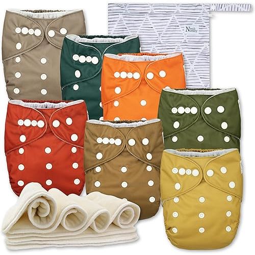 Nora's Nursery Cloth Diapers 7 Pack with 7 Inserts & 1 Wet Bag - Waterproof Cover, Washable, Reusable & One Size Adjustable Pocket Diapers for Newborns and Toddlers - Florence