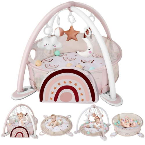 4-in-1 Baby Play Mat Baby Gym,Tummy Time Mat for Floor Activity Gym Ball Pit Including 30 Balls with 5 Infant Learning Sensory Baby Toys for Newborn Toddler Boy & Girl Gifts(Rainbow)