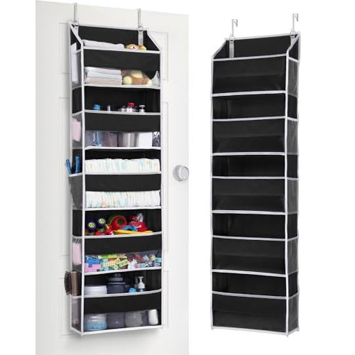 ULG 1 Pack Over The Door Organizer – 5 Shelf Door Organizer Hanging & 10 Side Pockets, Reinforced 44LB Capacity Hanging Organizer, Behind The Door Storage for Bedroom, Nursery, Pantry (Black)