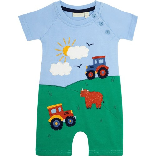Baby Farm Scene Appliqué Romper, Blue