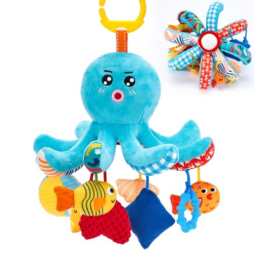 hahaland Baby Toys 0-6 Months - Car Seat Toys Octopus Toy with Pulling Cords, Squeaky, Crinkle, Rattle, Mirror, Montessori Newborn Sensory 4 Month Babies Gift Stroller Carseat Hanging Toy for Baby Gym