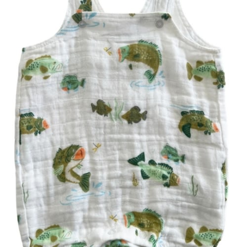 Muslin Overall Shortie, Bass Fishing – SpearmintLOVE 3-6 month