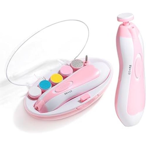 Oneleaf Baby Nail Trimmer Safe Baby Nail Clippers Baby Nail File Kit Manicure Set, Trim Polish Grooming kit for Newborn Toddler or Adults Toes Fingernails, 6 Grinding Heads and LED Light, Pink
