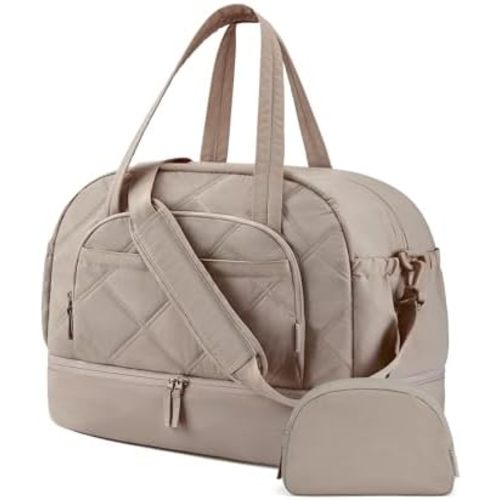 Gym Bag for Women, BAGSMART PuffyTravel Duffel Bags with Shoe Compartment, Carry on Weekender Overnight Tote Bag with Toiletry Bag, Travel Bag for Airlines, Travel, Sports, Brown