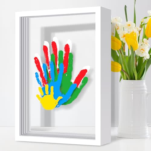 Omrhvi Family Handprint Kit, Hand Prints Keepsake Frame, DIY Craft Gift for New Parents & Mom & Baby, Grandparents, Mother's Day, Father's Day, Adoption Day, Anniversary, 6 Non -Toxic Paints (White)