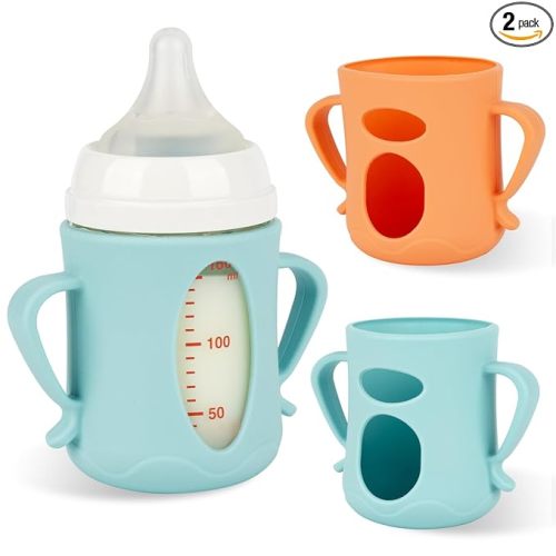 Silicone Sleeves for Pigeon Baby Bottles 5.4oz,Anti Breakage Glass Baby Bottle Holder with Handles 2 Pack